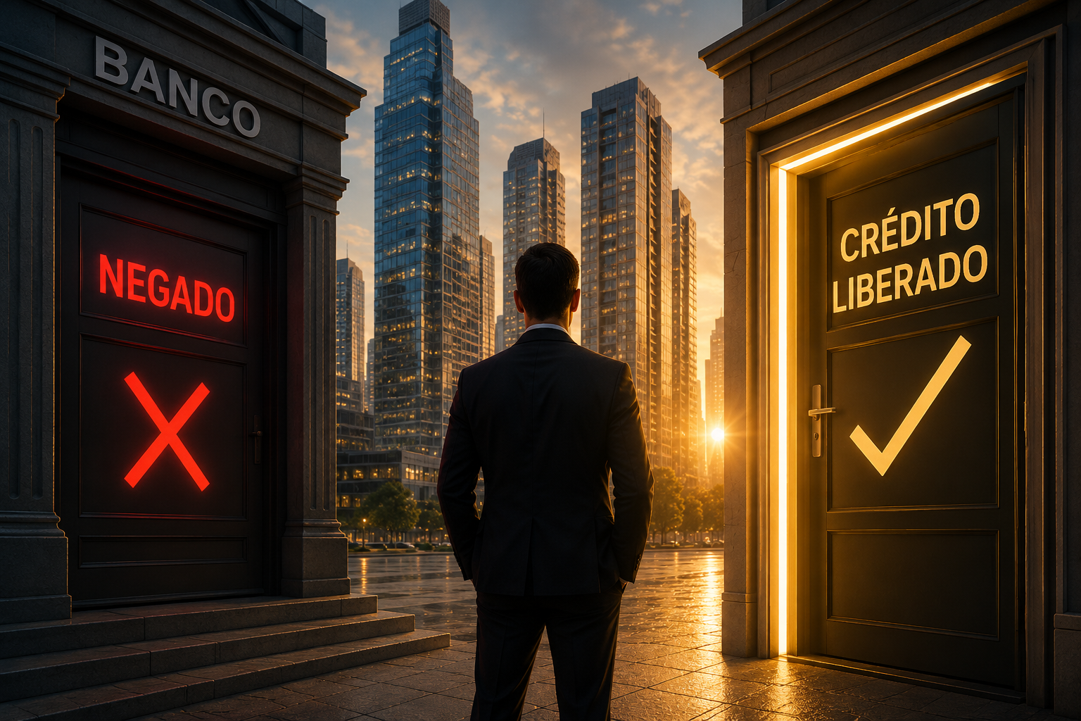 Executivo entre duas portas: uma com crédito negado pelo banco e outra com crédito liberado ao amanhecer